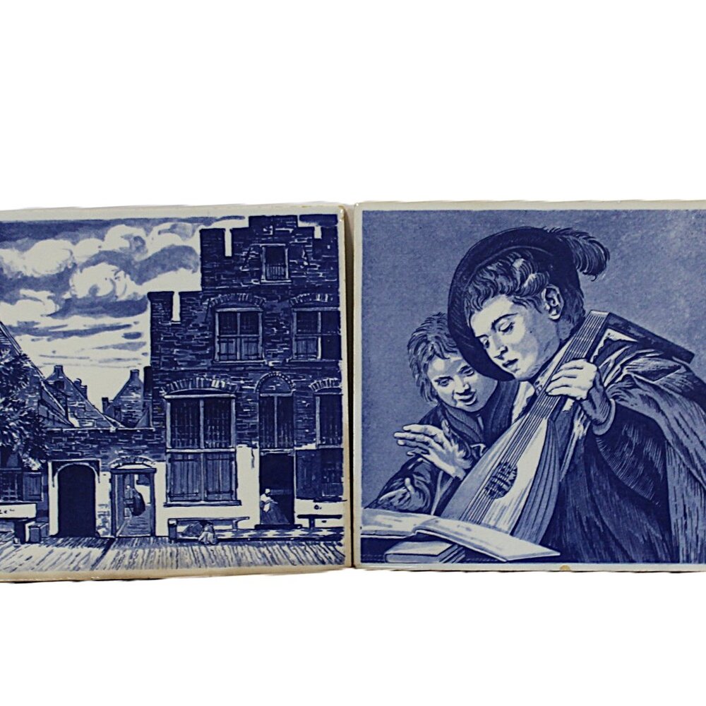 Vintage Delft Blue Wall Tiles – Dutch Scene & Musical Boys – Pair of 2 – 6"x6"